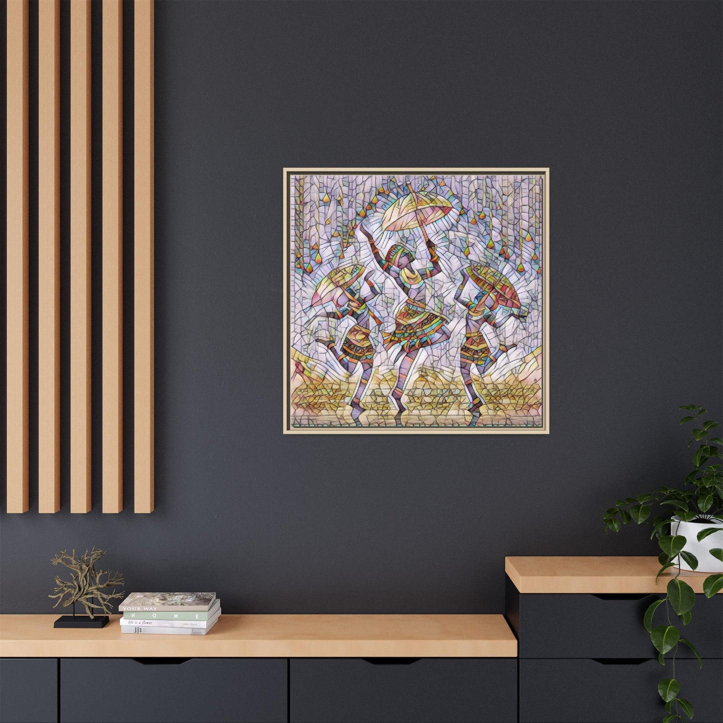 Colorful African Dance Framed Canvas Art — Umbrella Dancers Wall Decor