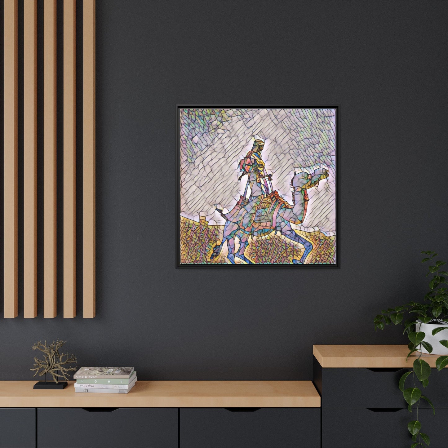 Framed Camel Rider Matte Canvas Art — Colorful Mosaic Desert Wall Decor