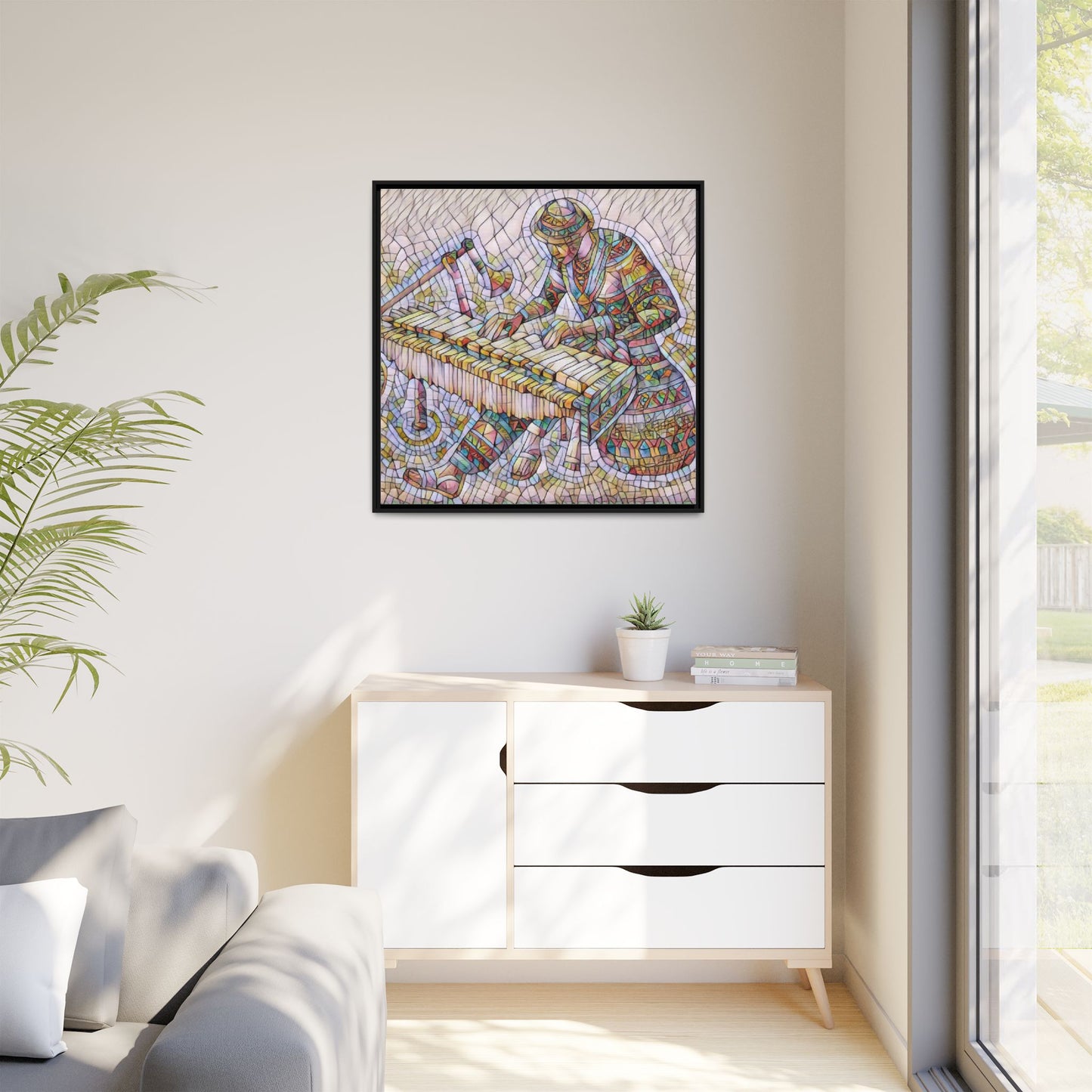 Framed Canvas Art - Colorful Mosaic Vibraphone Musician Print