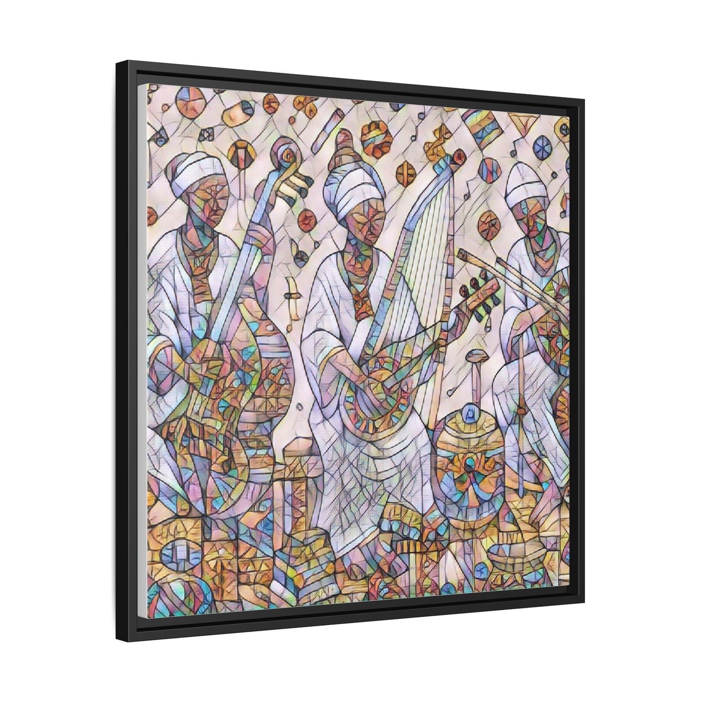 Framed Matte Canvas Print — Colorful African Musicians Stained-Glass Art