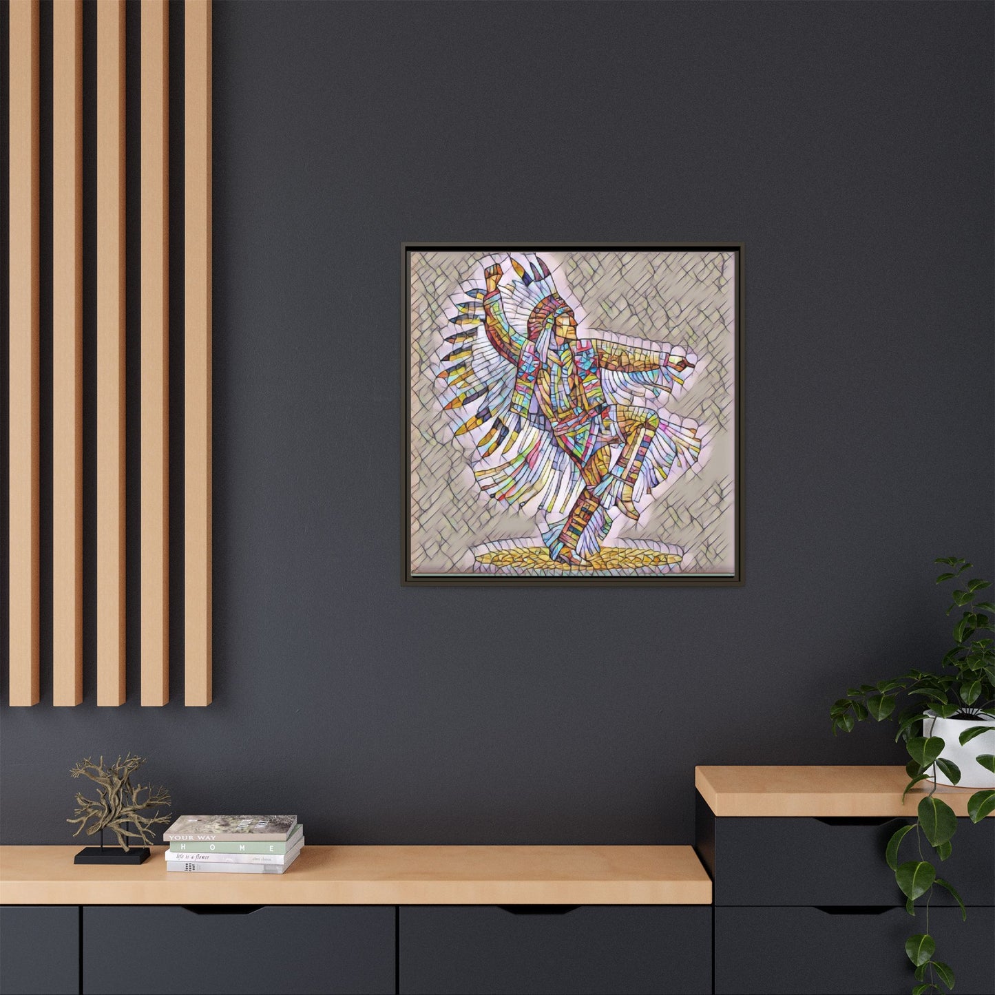 Colorful Native Dancer Framed Canvas Art — Stained Glass Style Wall Decor