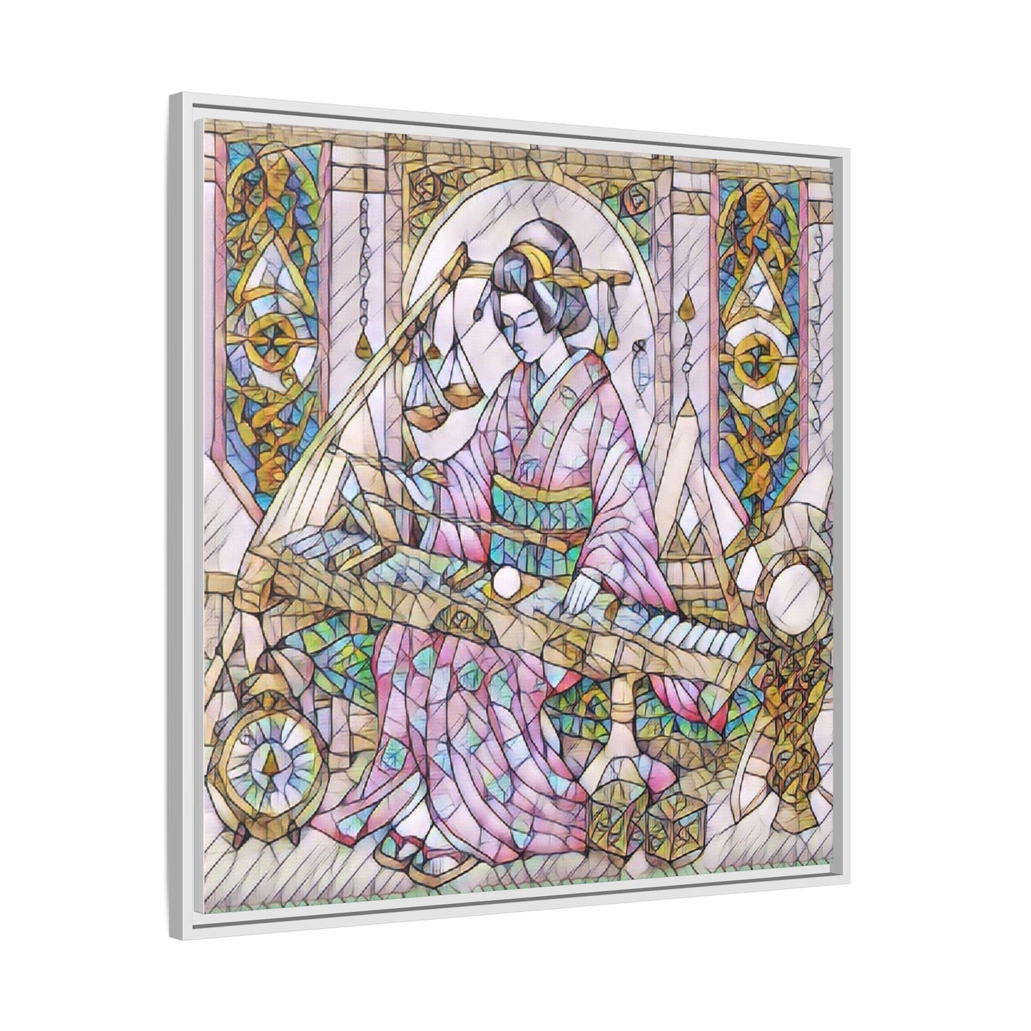 Framed Matte Canvas — Geisha Harp Stained-Glass Art Print