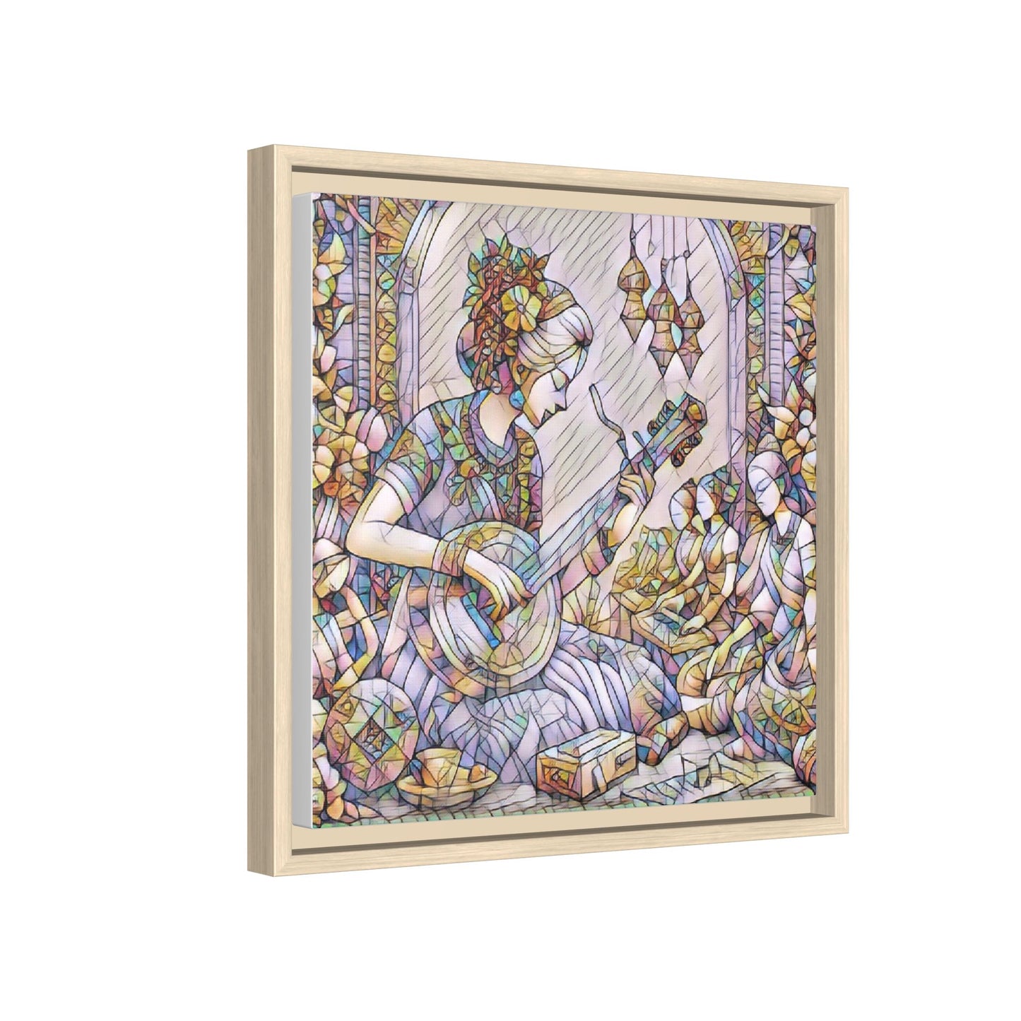Framed Matte Canvas: Bohemian Woman Playing Lute — Stained-Glass Style Wall Art