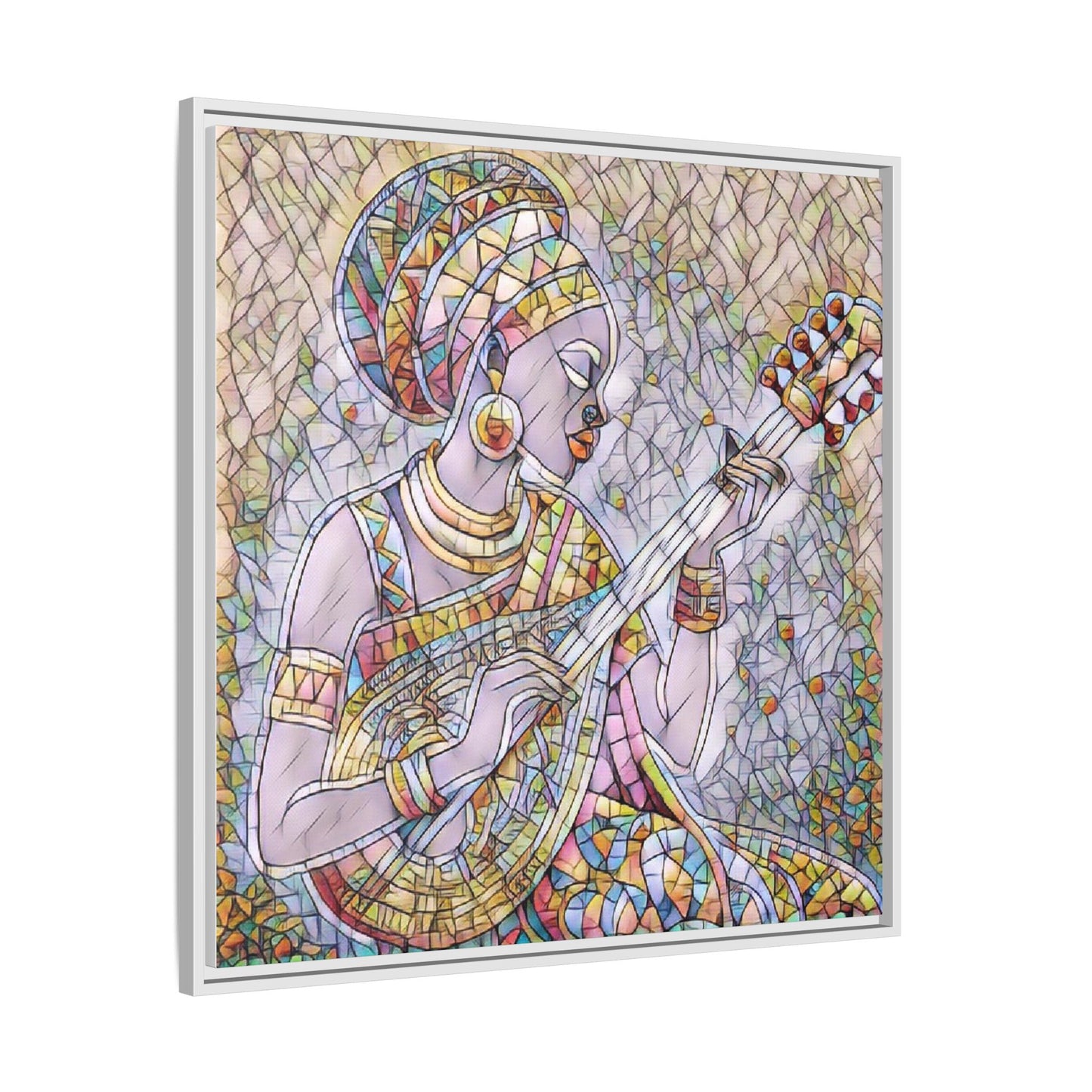 Framed Canvas Art — Colorful African Woman Playing Lute (Matte Multi‑Color)