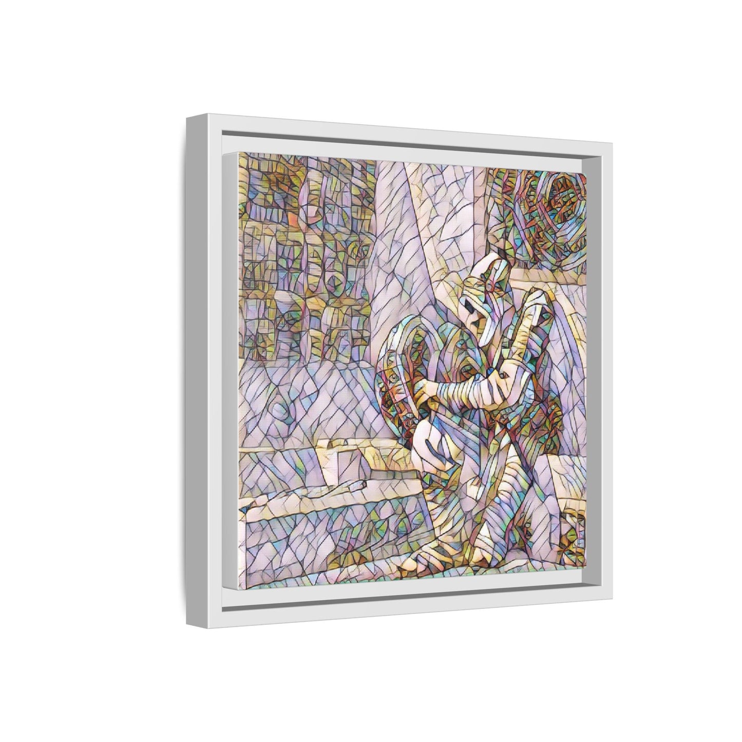 Framed Matte Canvas Art — Colorful Stained-Glass Astronaut Embrace