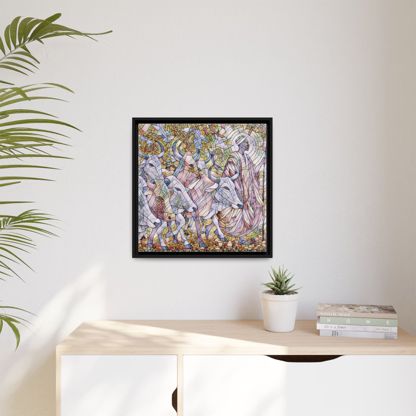 Framed Matte Canvas Art — Stained-Glass Style Cattle Herd
