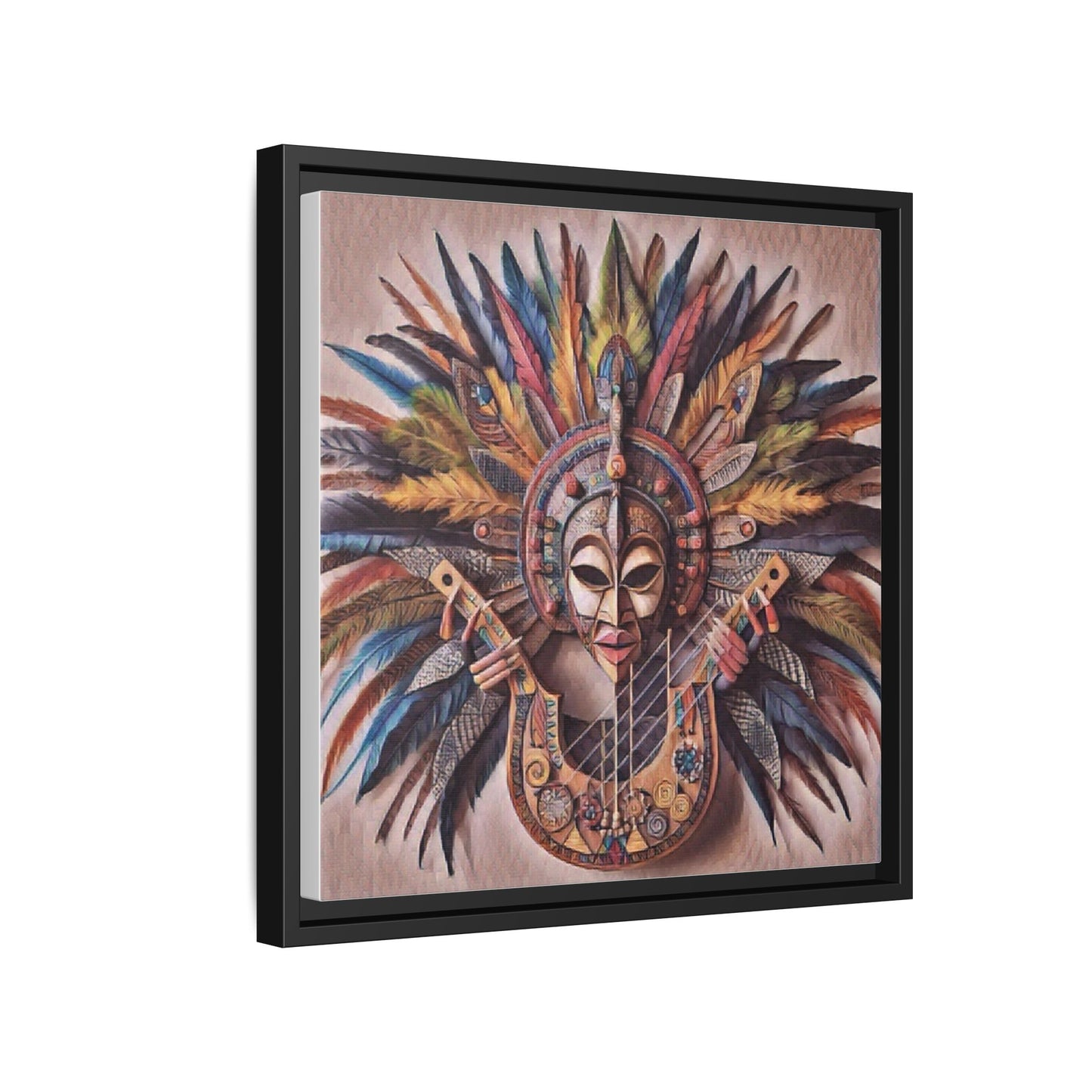 Tribal Feather Mask Guitar Framed Canvas Art — Colorful Boho Wall Decor