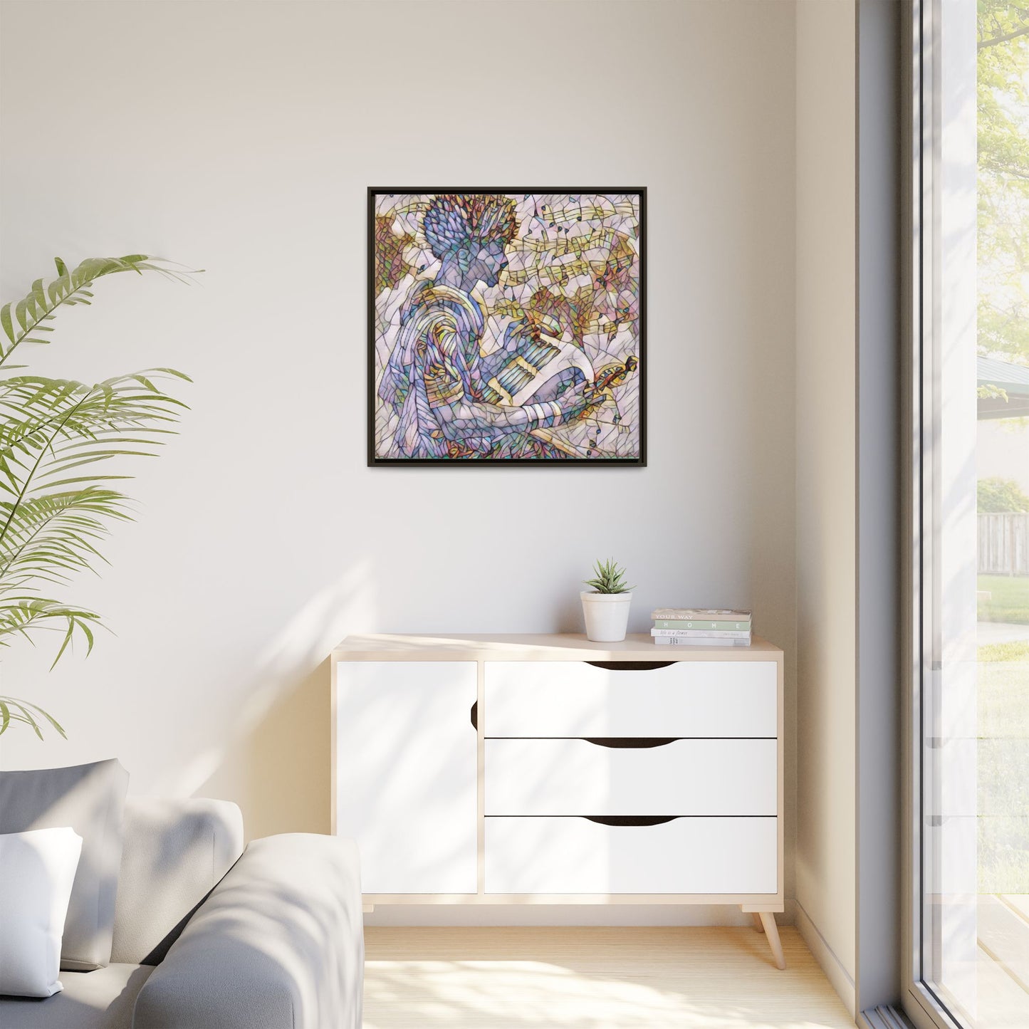 Abstract Jazz Musician Framed Canvas Art — Colorful Stained-Glass Style Wall Decor