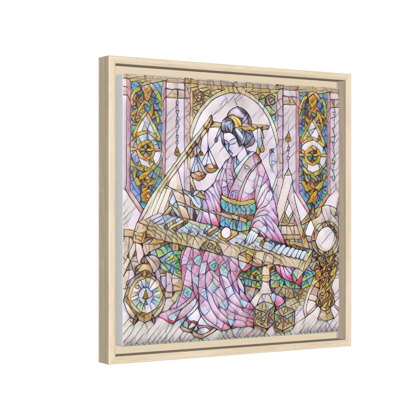 Framed Matte Canvas — Geisha Harp Stained-Glass Art Print