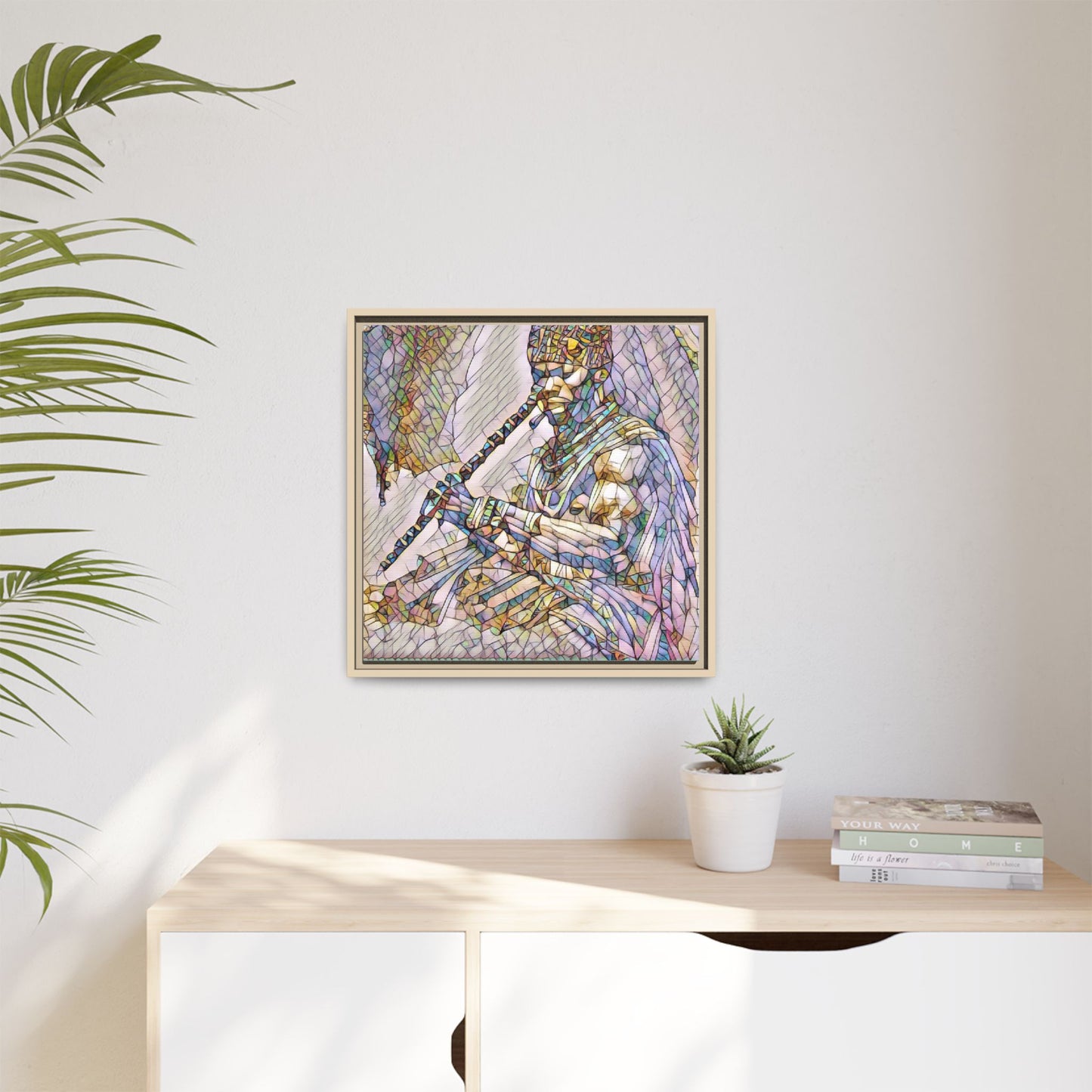 Tribal Flute Musician Stained-Glass Framed Canvas Art