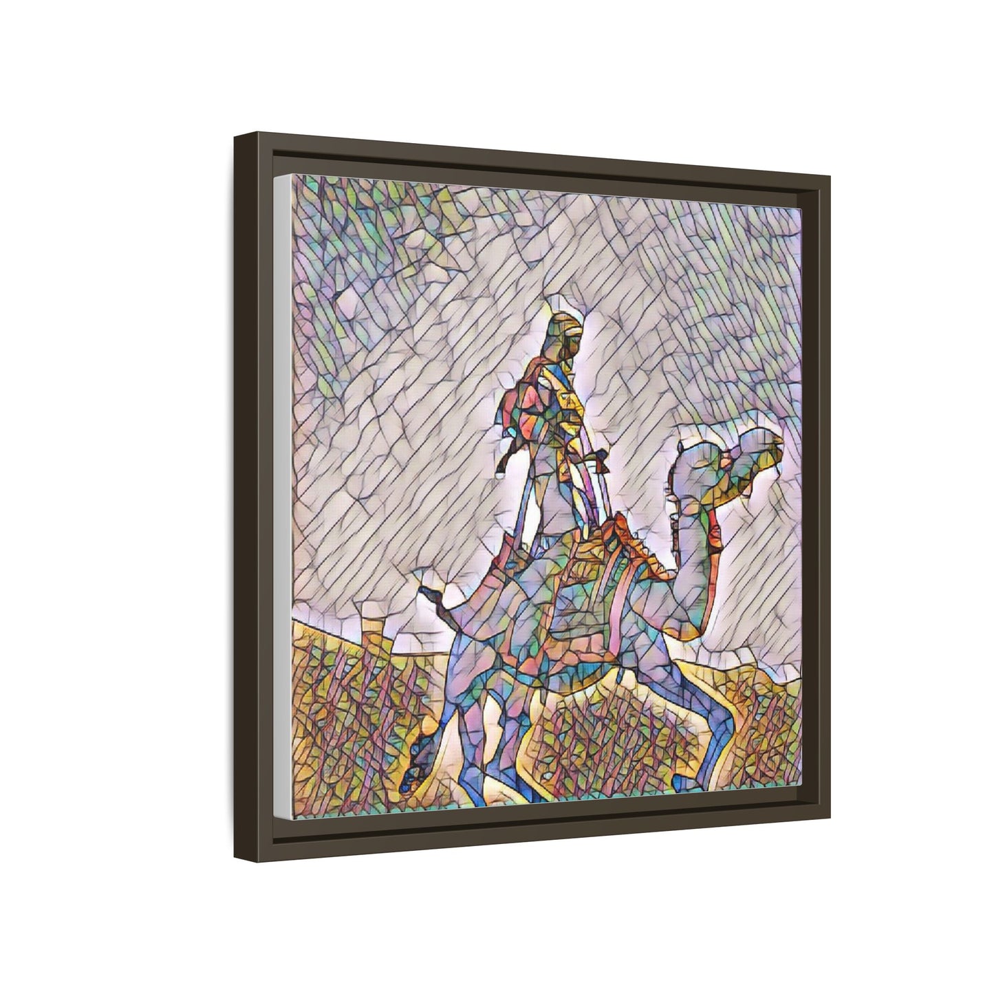 Framed Camel Rider Matte Canvas Art — Colorful Mosaic Desert Wall Decor