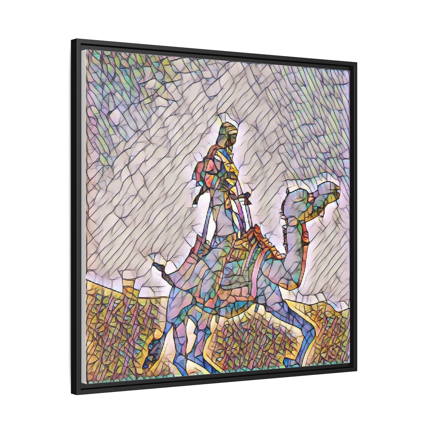 Framed Camel Rider Matte Canvas Art — Colorful Mosaic Desert Wall Decor