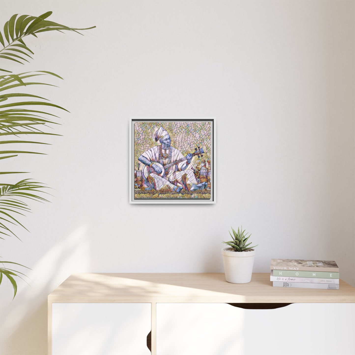Framed Mosaic Musician Canvas Art — African Griot with Kora
