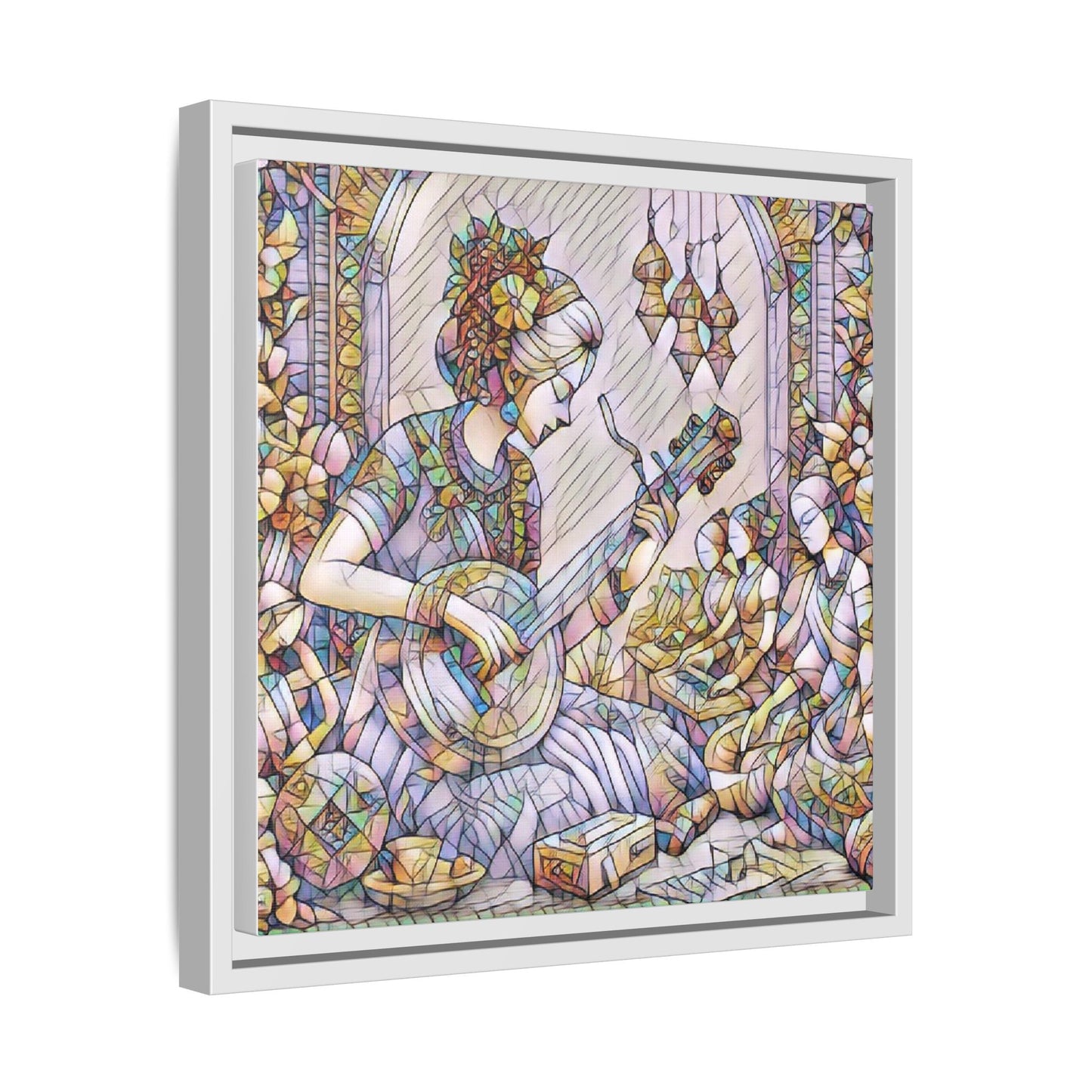 Framed Matte Canvas: Bohemian Woman Playing Lute — Stained-Glass Style Wall Art