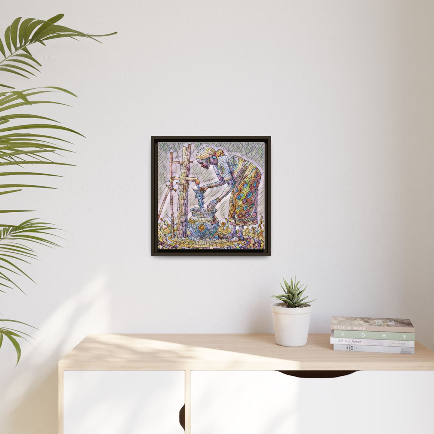 Framed Matte Canvas Art — Colorful Mosaic Woman at Well