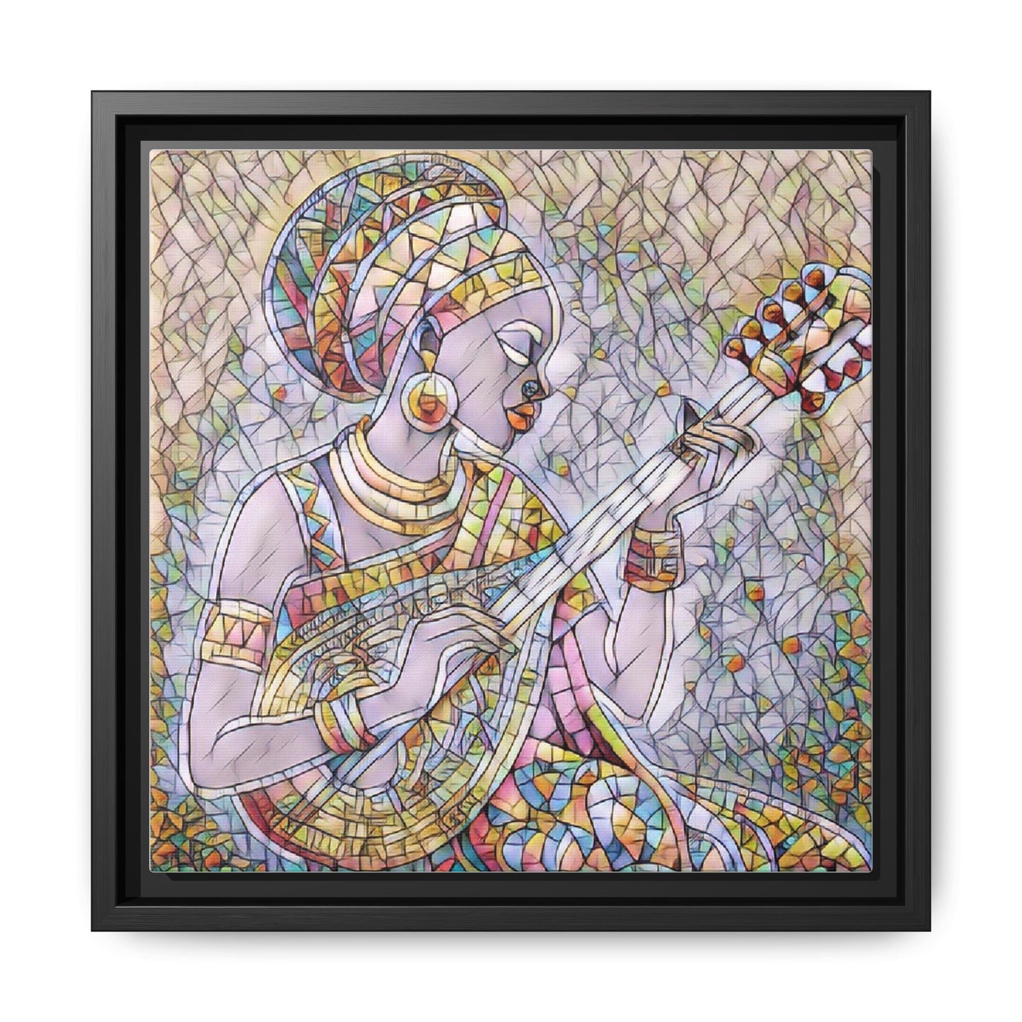 Framed Canvas Art — Colorful African Woman Playing Lute (Matte Multi‑Color)