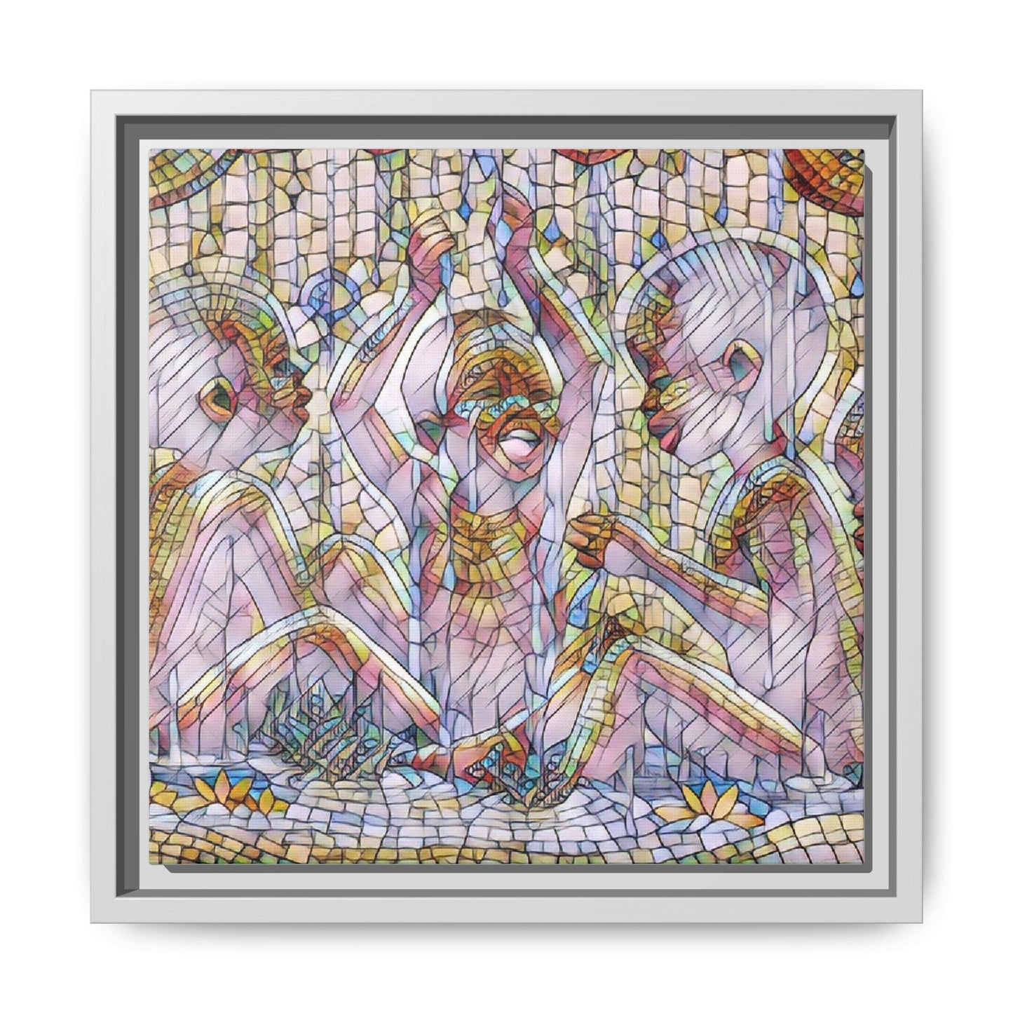 Framed Matte Canvas Art — Mosaic Children Playing (Multicolor)