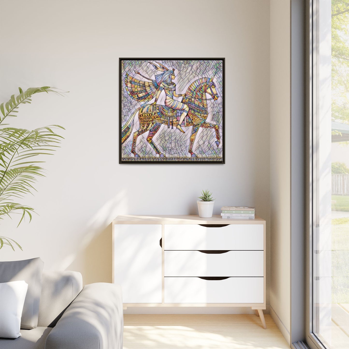 Stained-Glass Style Egyptian Horseman Framed Canvas Print