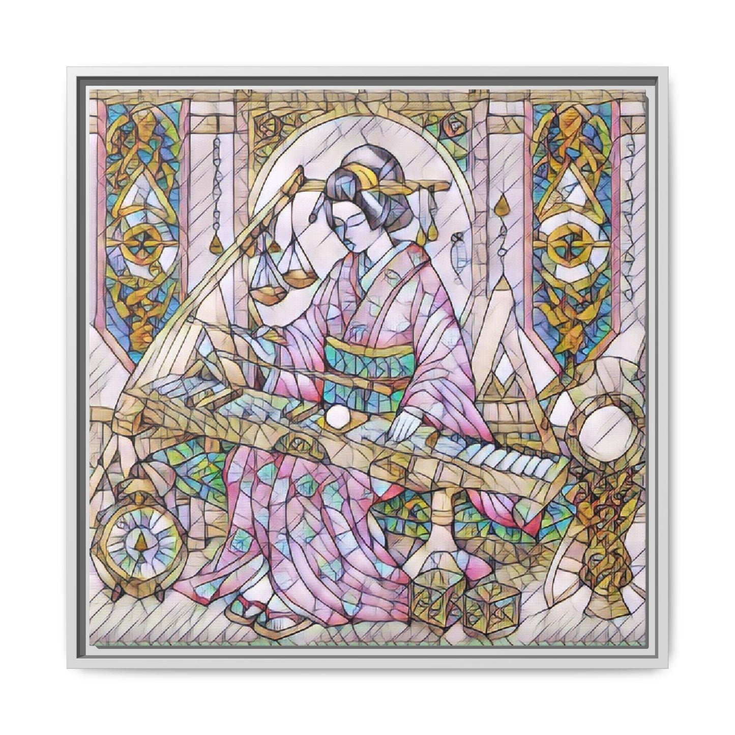 Framed Matte Canvas — Geisha Harp Stained-Glass Art Print