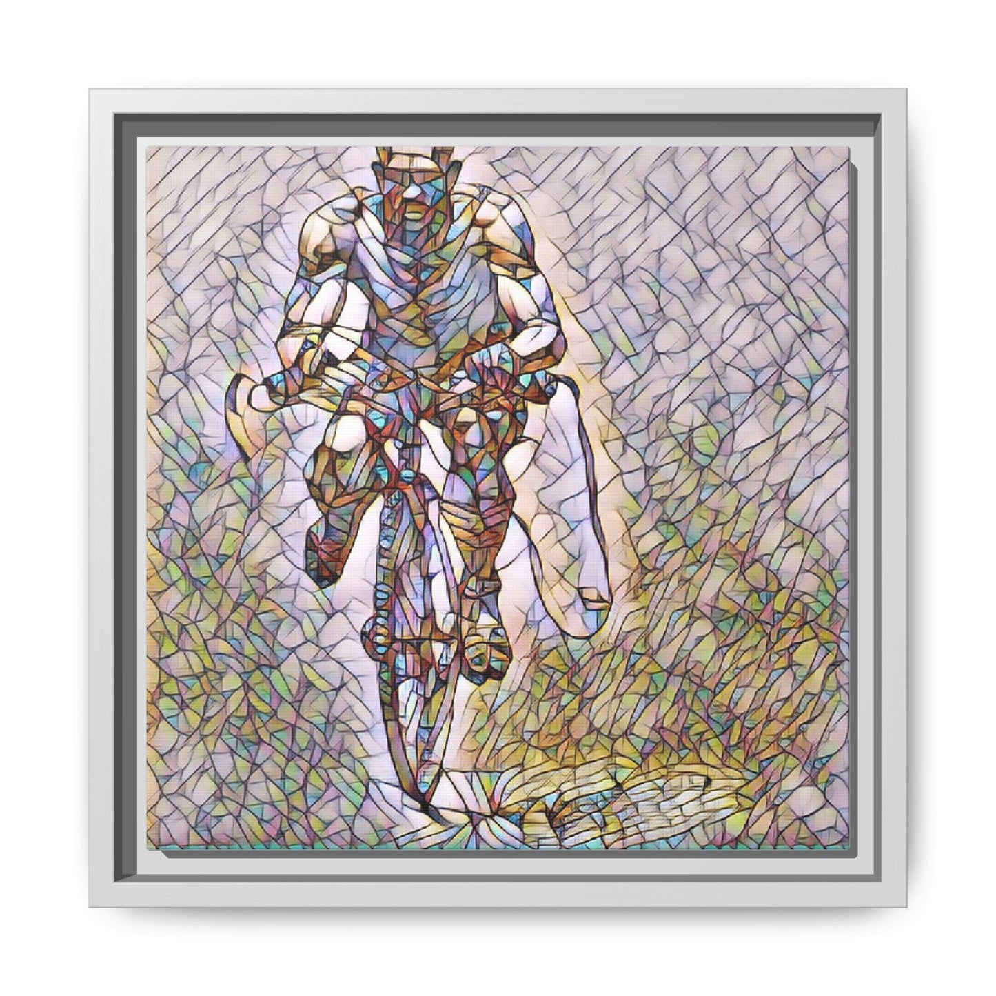 Cyclist Art Print — Framed Matte Canvas Wall Art (Multicolor Stained-Glass Style)