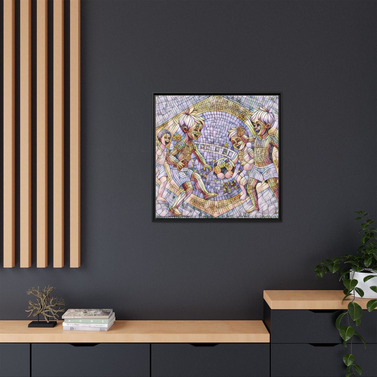 Framed Matte Canvas – Vintage Mosaic Kids Playing Soccer Art