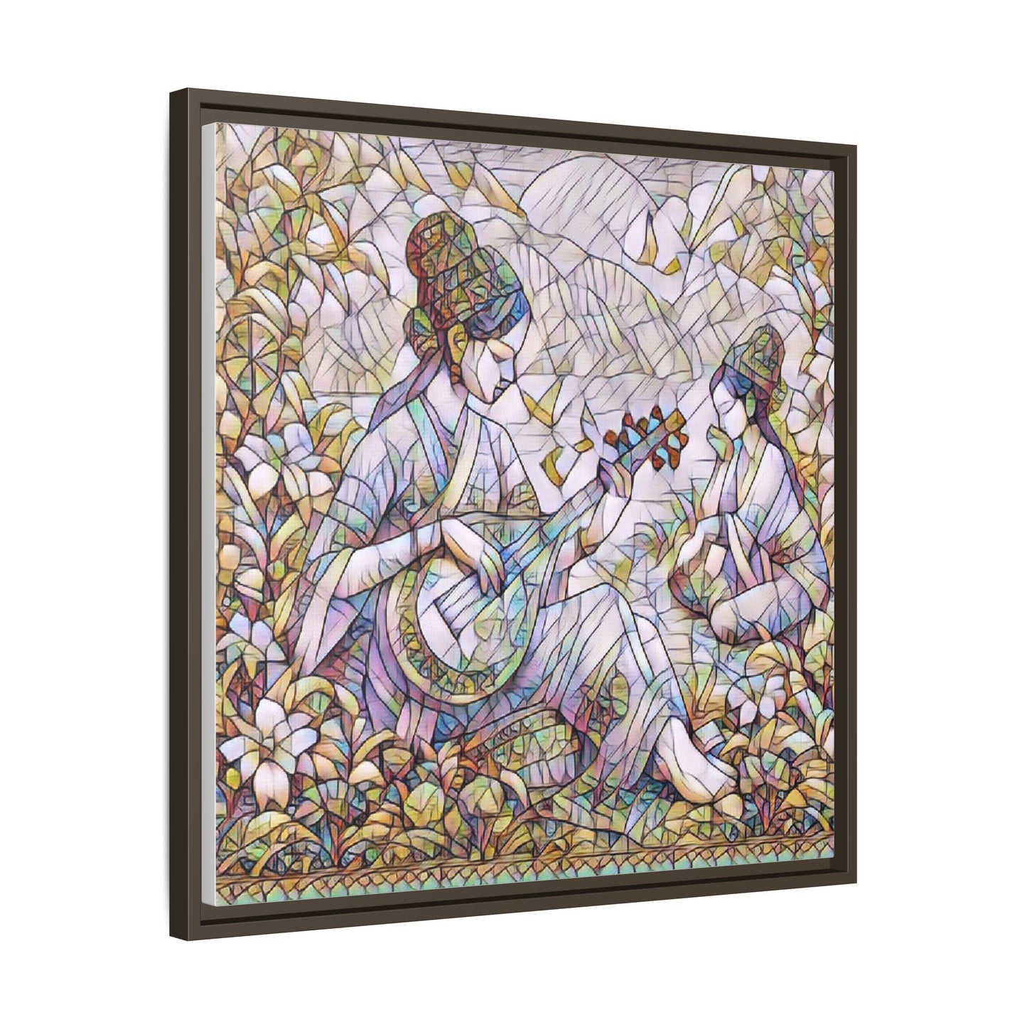 Framed Matte Canvas Art - Vintage Asian Musicians Floral Illustration