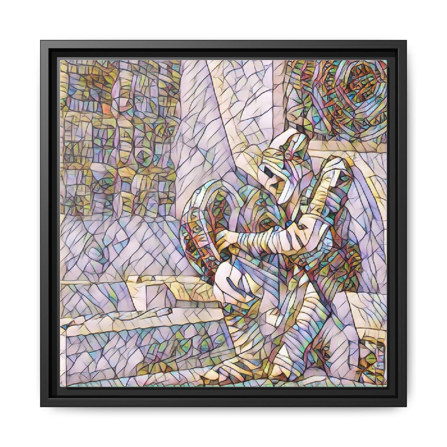Framed Matte Canvas Art — Colorful Stained-Glass Astronaut Embrace