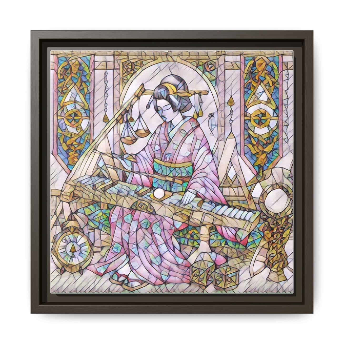 Framed Matte Canvas — Geisha Harp Stained-Glass Art Print