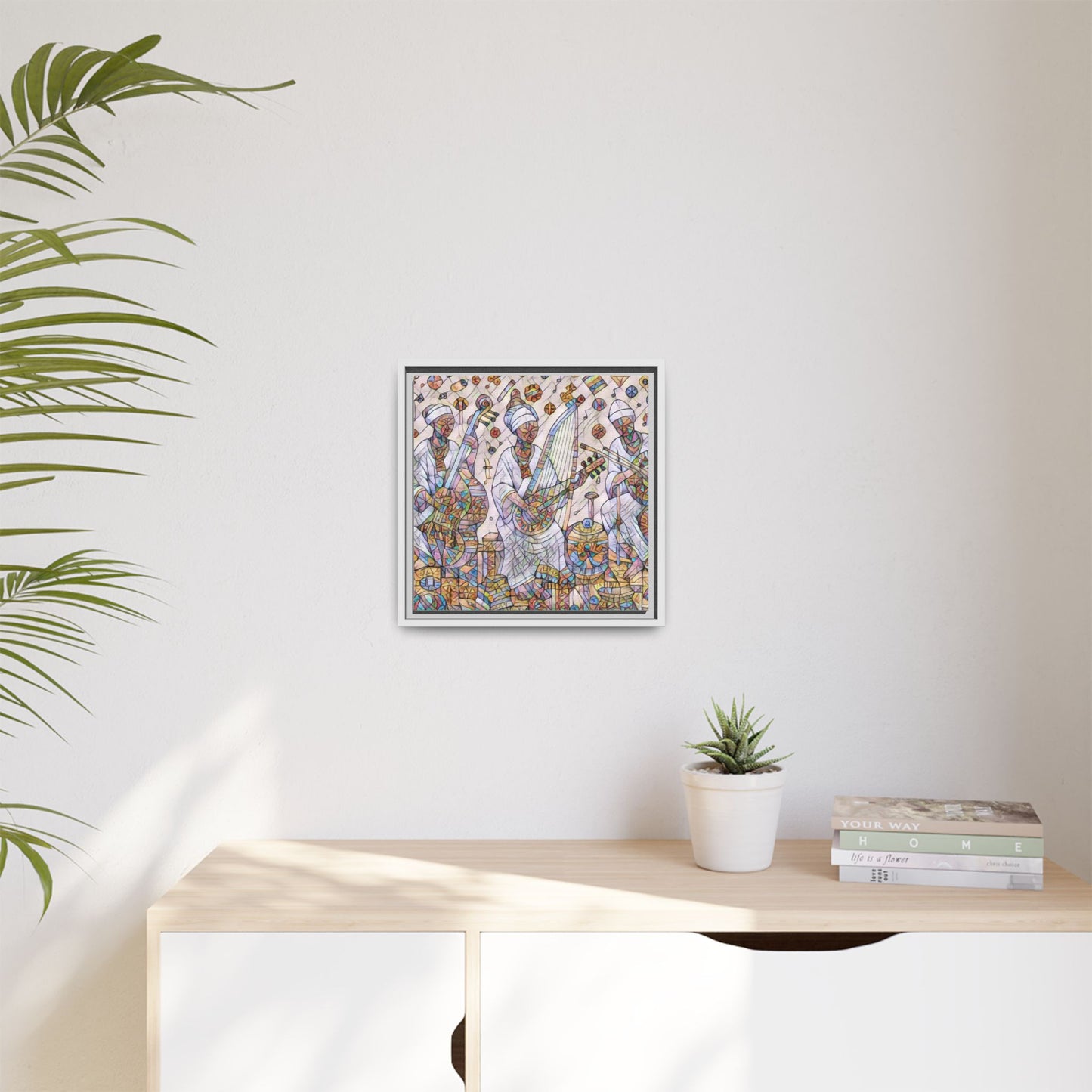 Framed Matte Canvas Print — Colorful African Musicians Stained-Glass Art