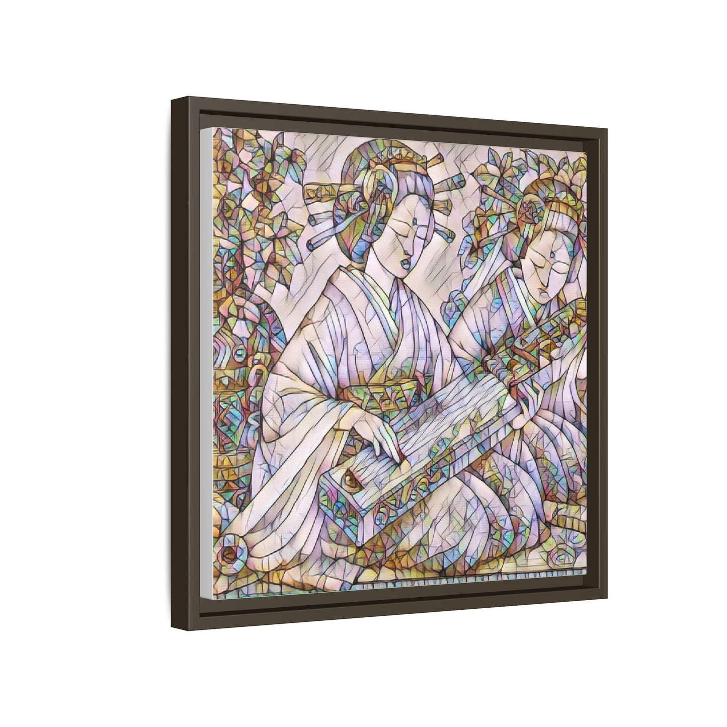 Framed Matte Canvas Print — Stained-Glass Geisha Duo