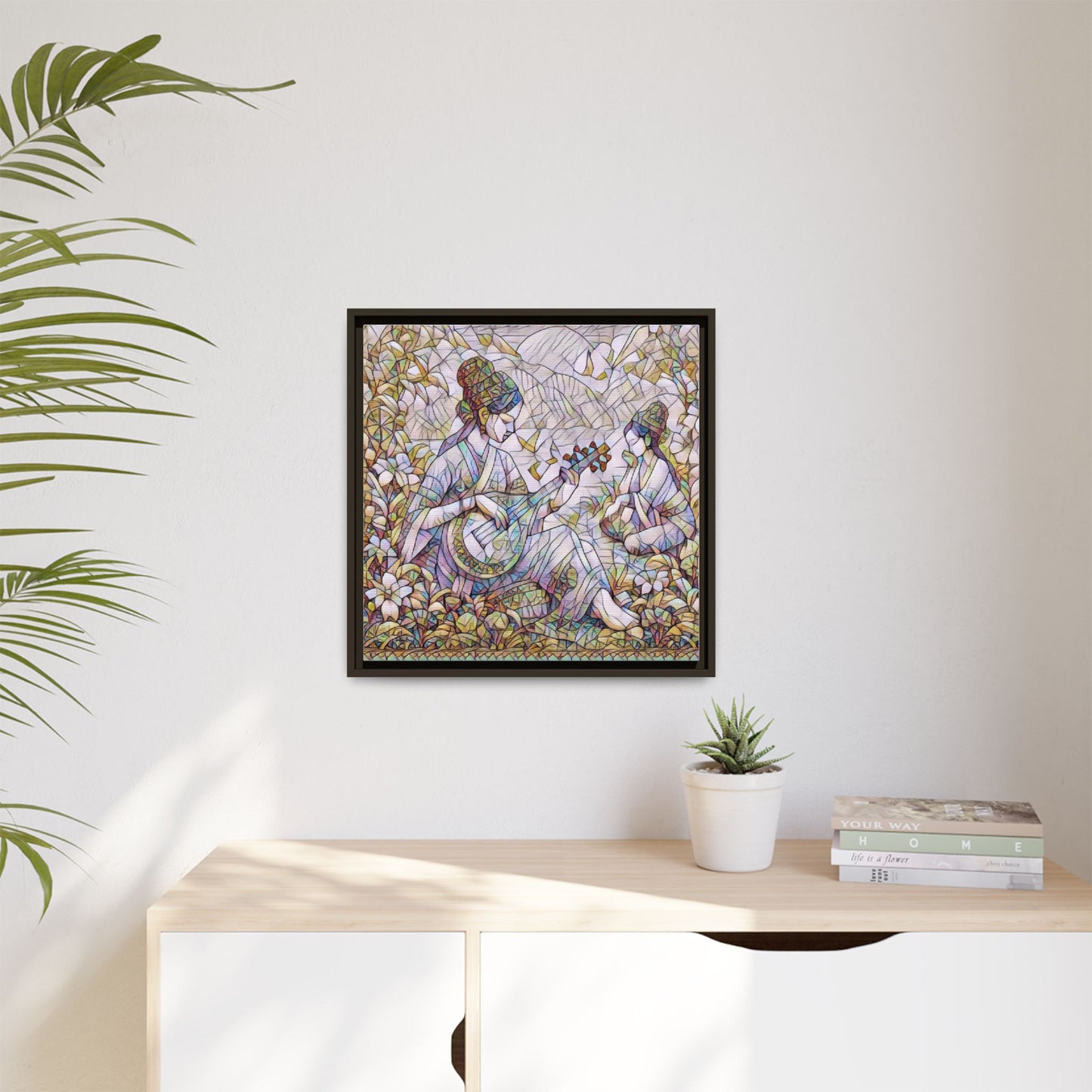 Framed Matte Canvas Art - Vintage Asian Musicians Floral Illustration