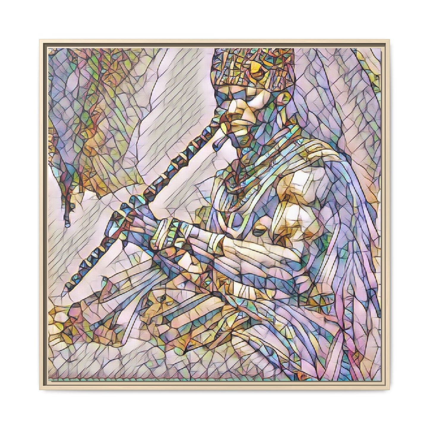 Tribal Flute Musician Stained-Glass Framed Canvas Art