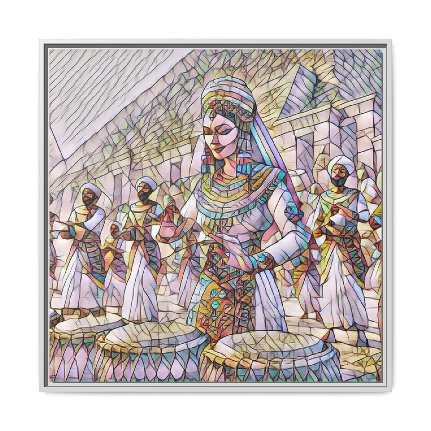 Egyptian Drummers Framed Canvas Art — Colorful Egyptian Dancer Wall Decor