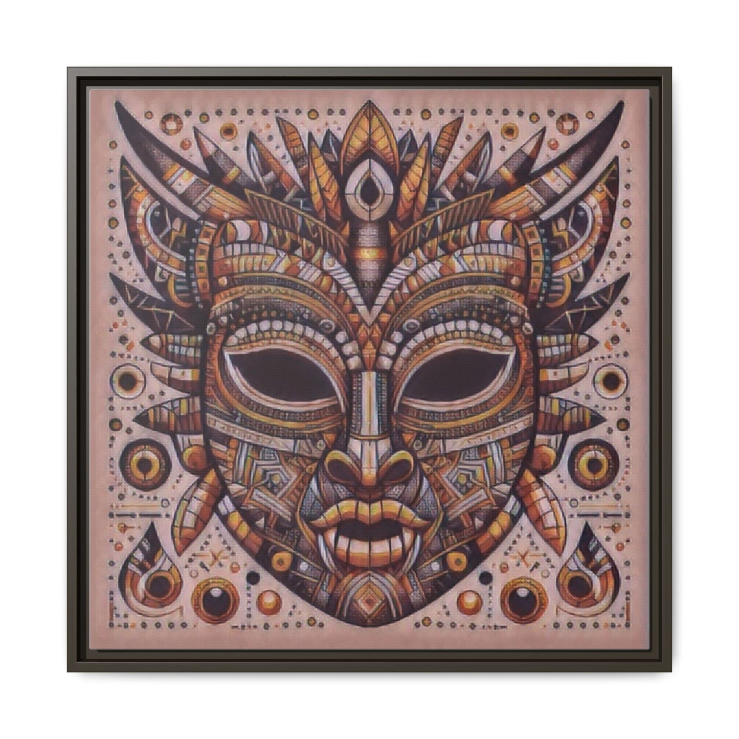 Tribal Mask Framed Canvas Art — Multicolor Matte Wall Decor