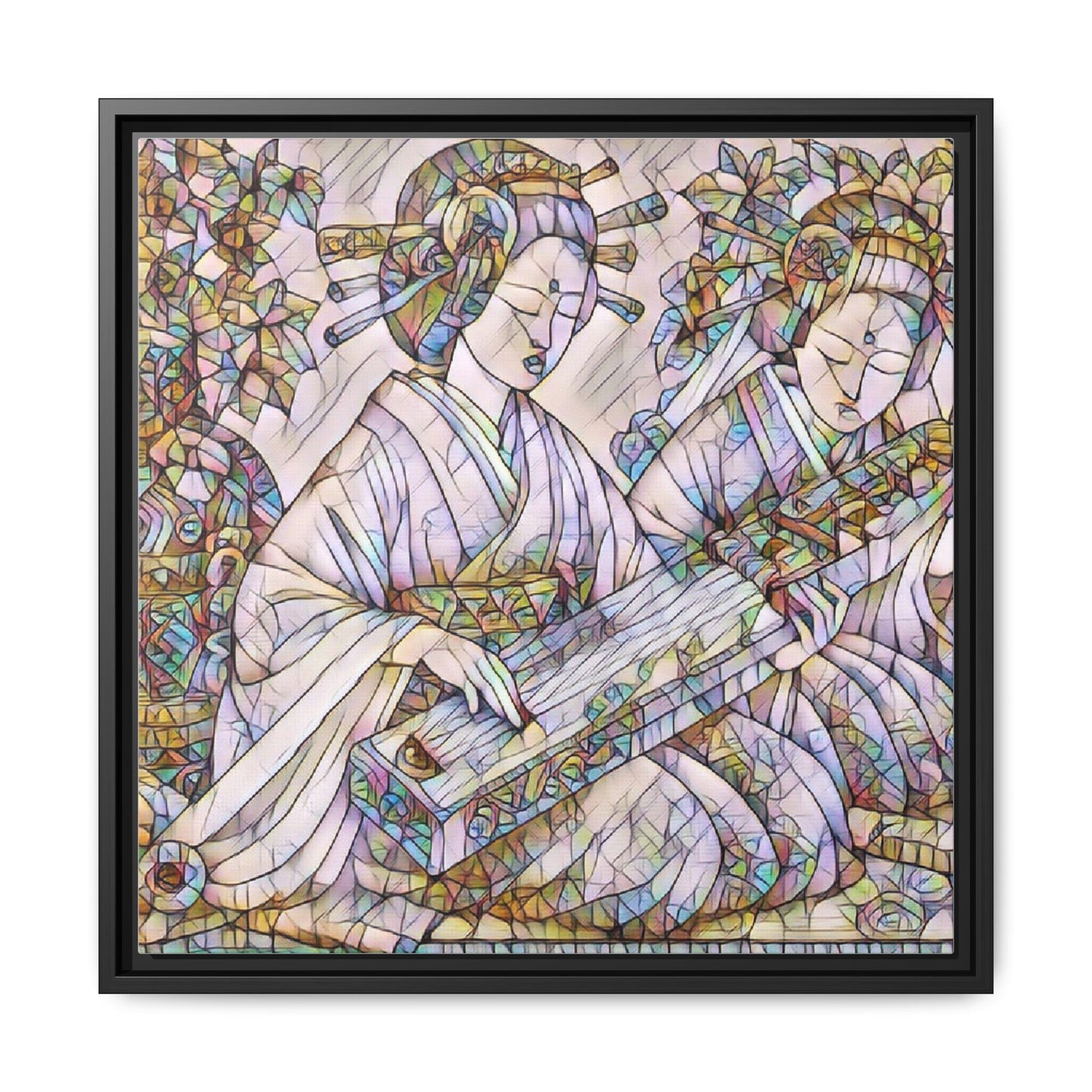 Framed Matte Canvas Print — Stained-Glass Geisha Duo