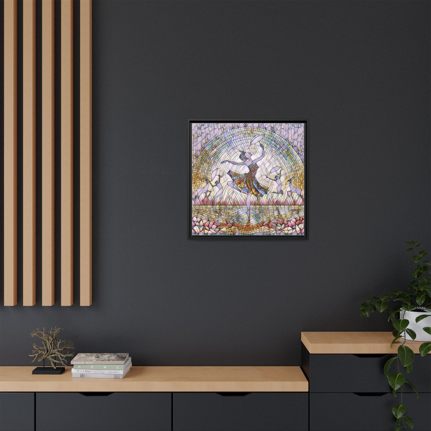 Stained Glass Ballerina Framed Canvas Art — Dancer Mosaic Wall Decor