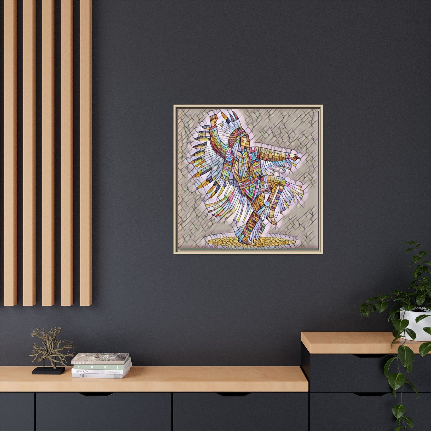 Colorful Native Dancer Framed Canvas Art — Stained Glass Style Wall Decor