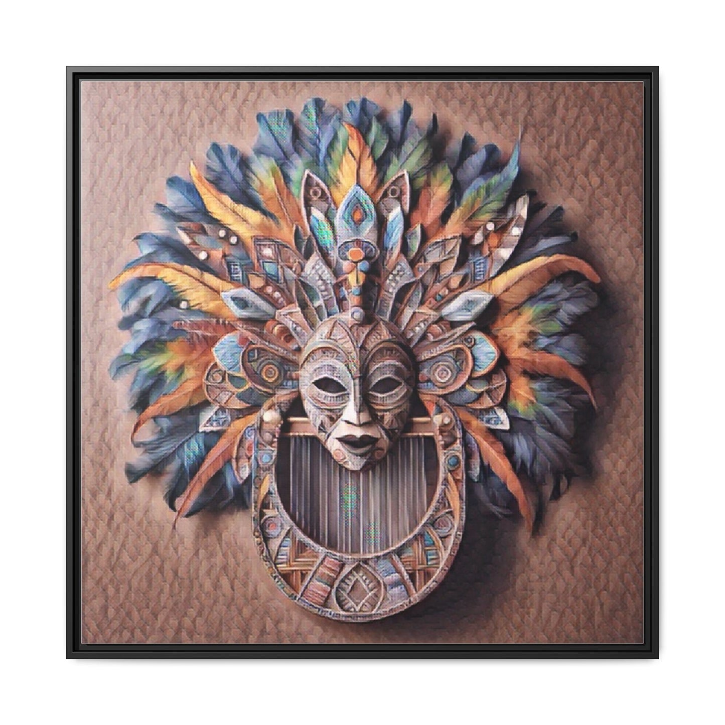 Tribal Feather Mask Framed Canvas Wall Art — Colorful Boho Decorative Print