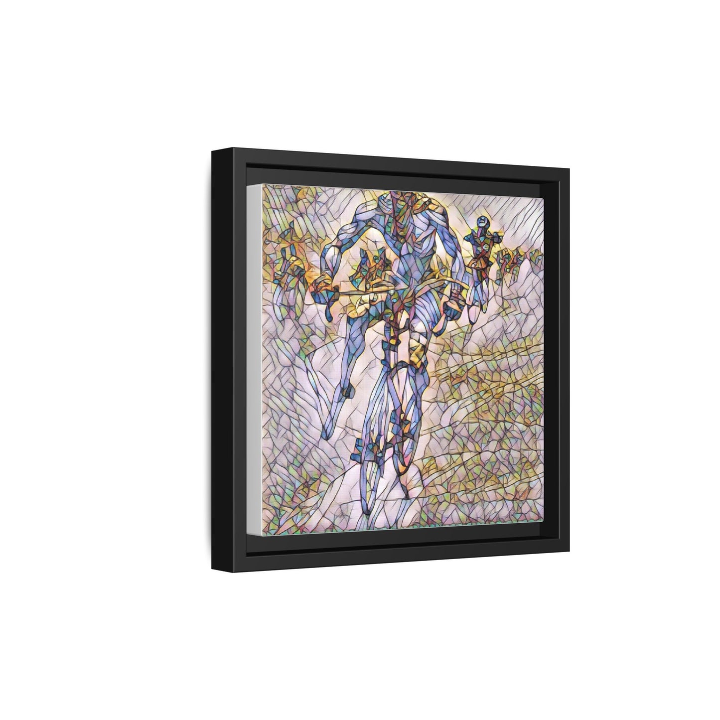 Abstract Cyclist Matte Canvas Framed Art — Colorful Stained-Glass Bike Print