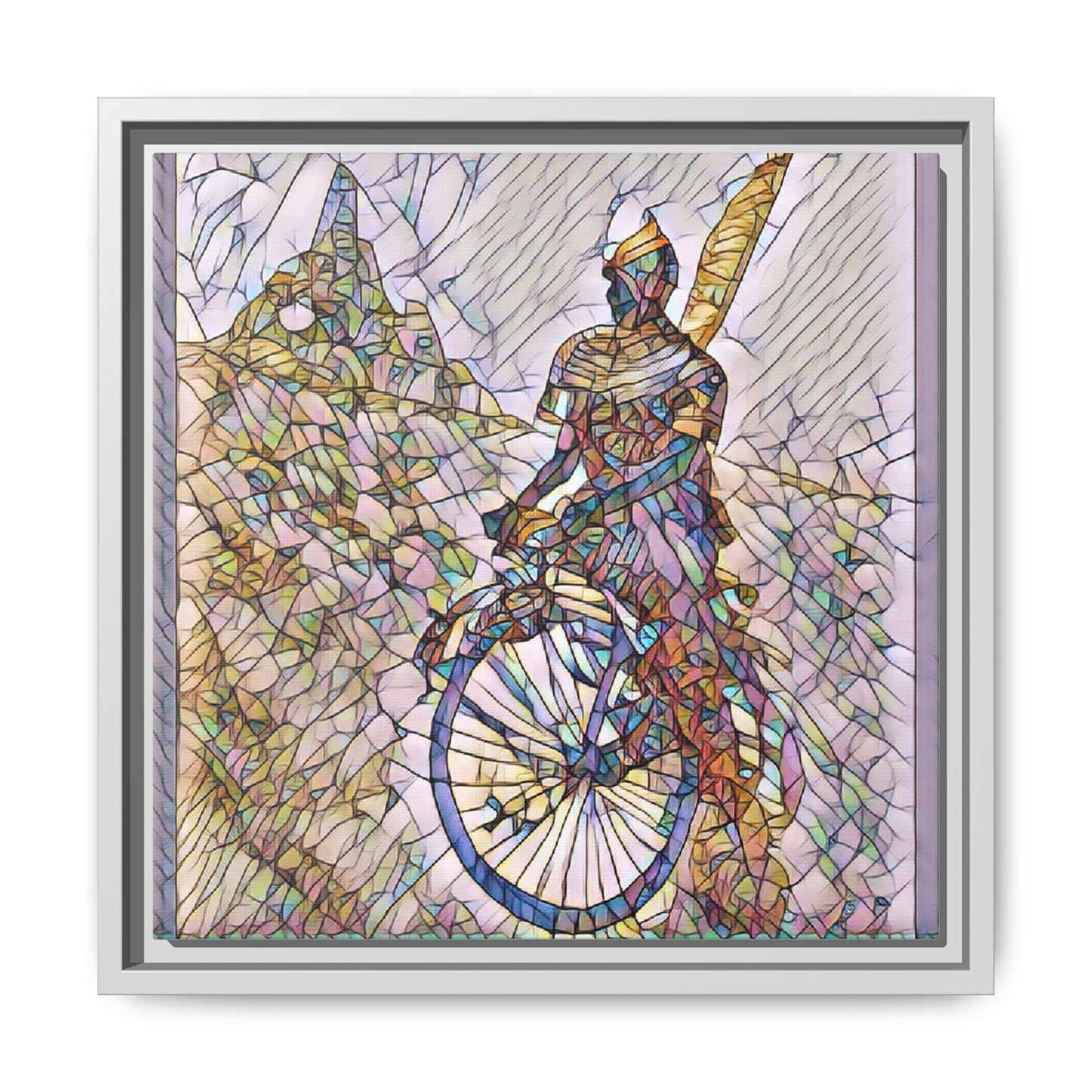 Cyclist Stained Glass Art Print — Framed Matte Canvas
