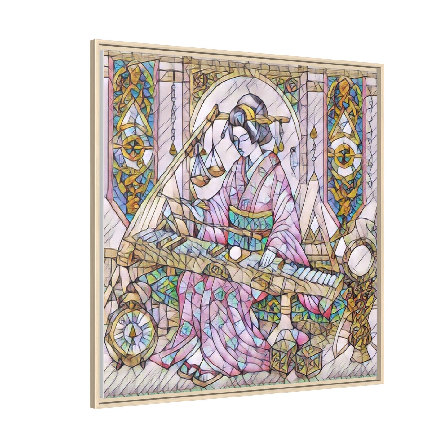 Framed Matte Canvas — Geisha Harp Stained-Glass Art Print