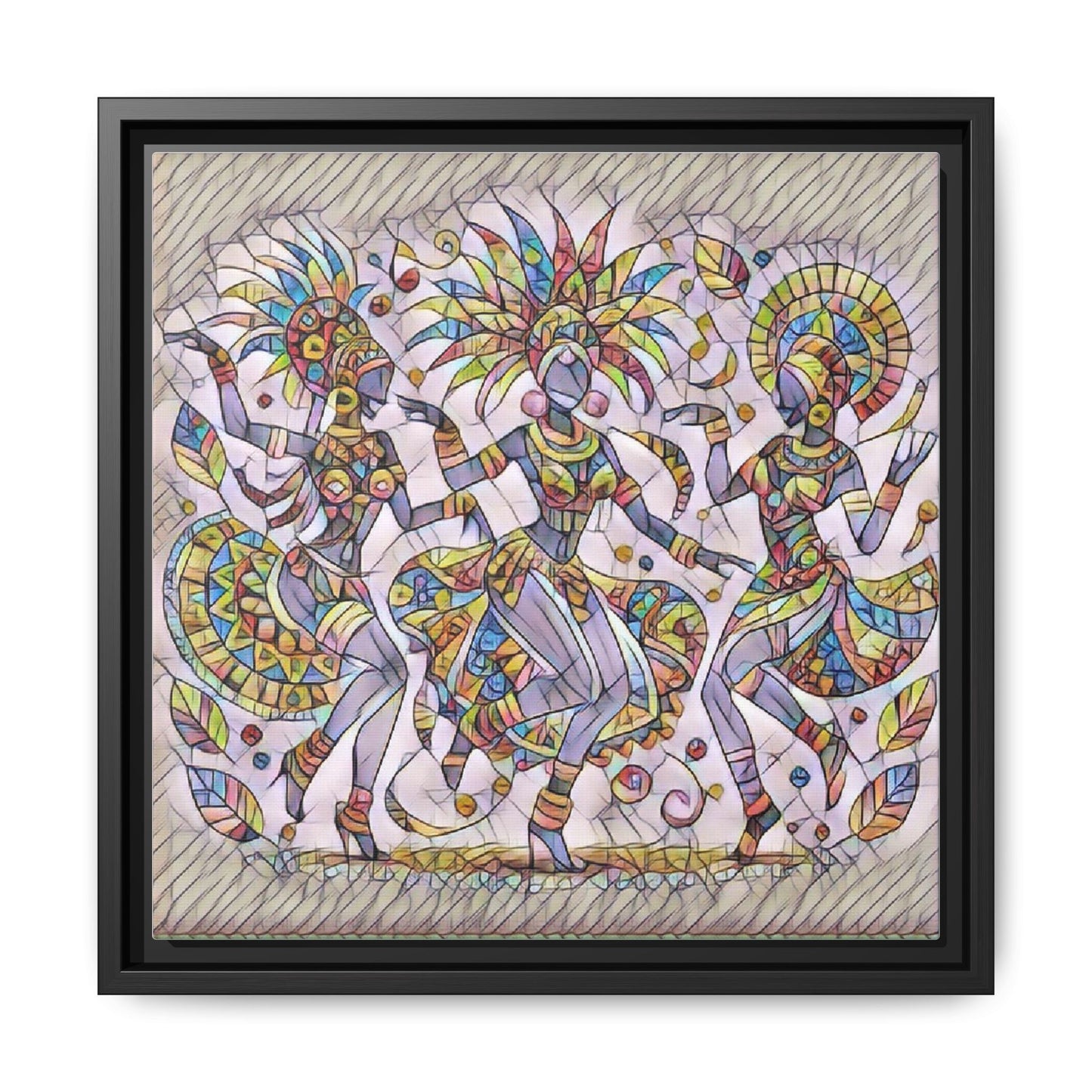 Colorful Carnival Dancers Framed Canvas Art — Multicolor Tribal Celebration Print