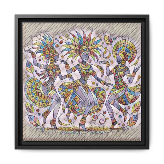 Colorful Carnival Dancers Framed Canvas Art — Multicolor Tribal Celebration Print