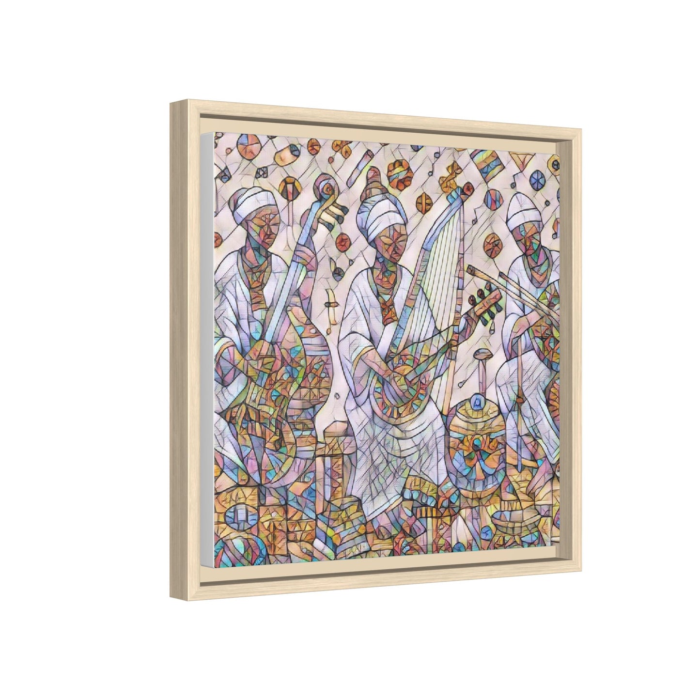 Framed Matte Canvas Print — Colorful African Musicians Stained-Glass Art