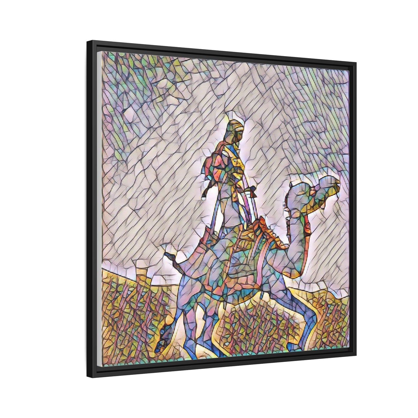 Framed Camel Rider Matte Canvas Art — Colorful Mosaic Desert Wall Decor