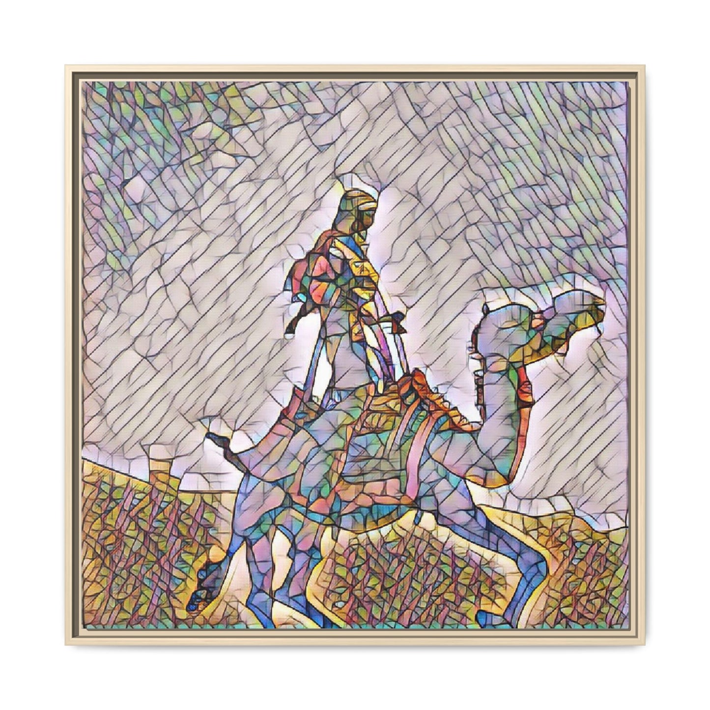Framed Camel Rider Matte Canvas Art — Colorful Mosaic Desert Wall Decor