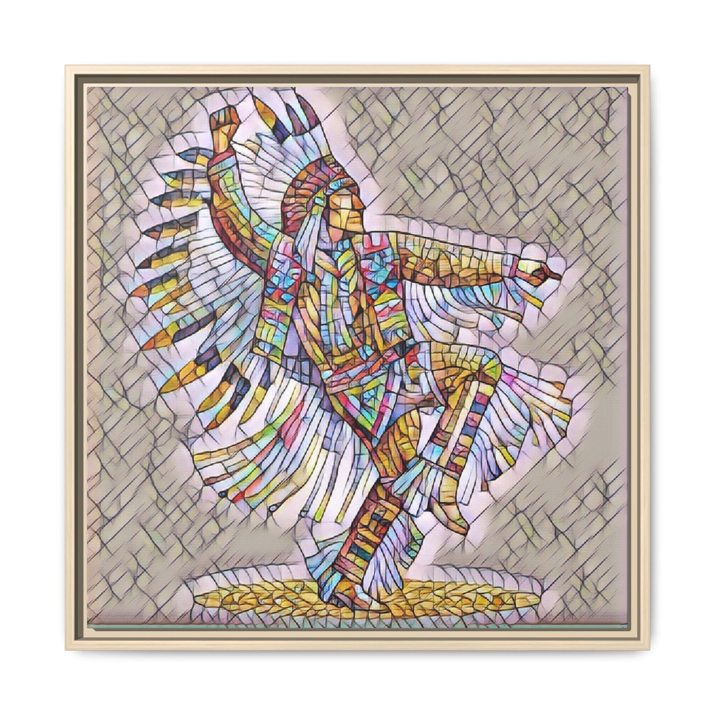 Colorful Native Dancer Framed Canvas Art — Stained Glass Style Wall Decor