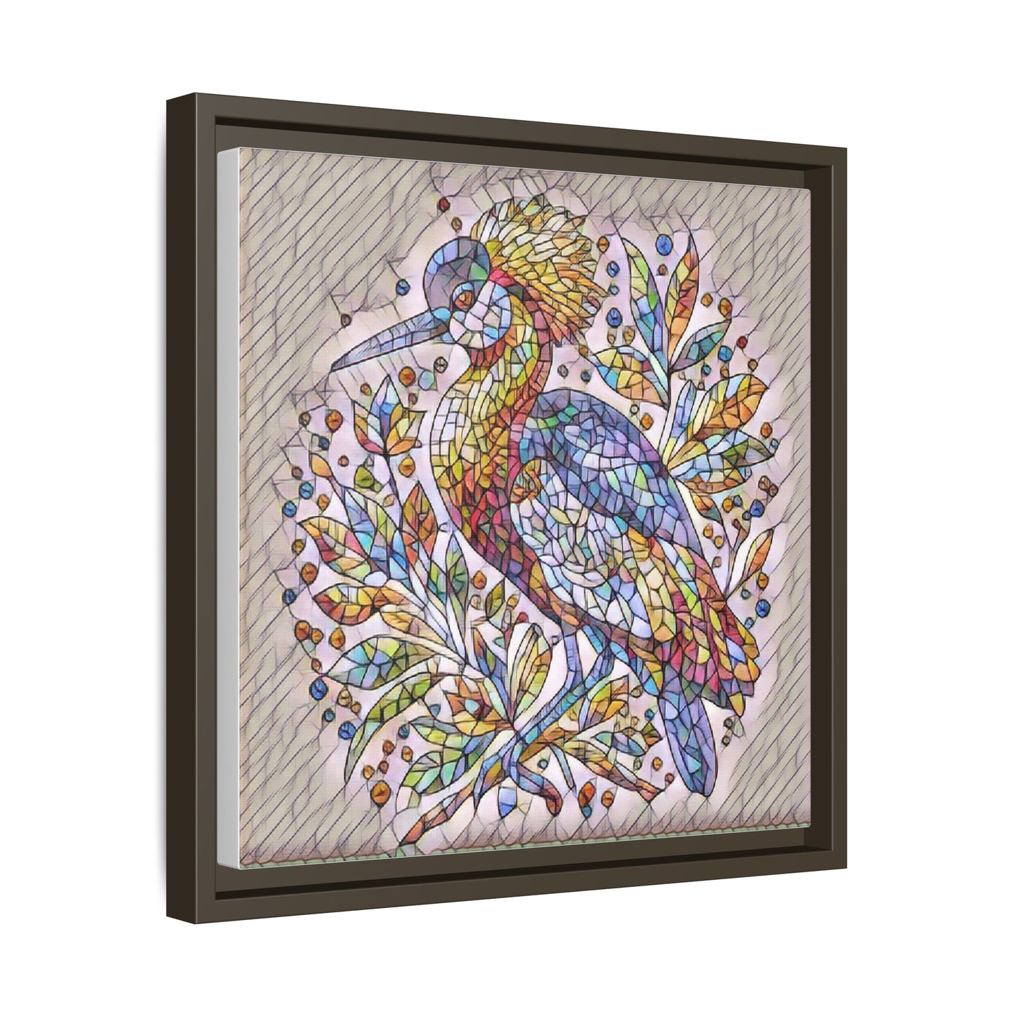 Colorful Stained-Glass Heron — Framed Matte Canvas Wall Art