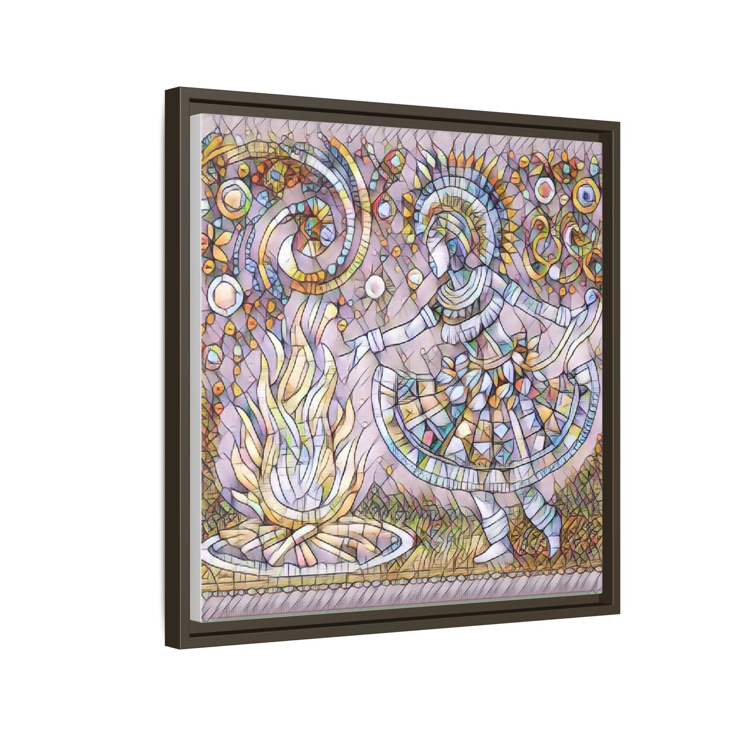Bohemian Fire Dancer Framed Canvas Art — Colorful Folk Mosaic Wall Decor
