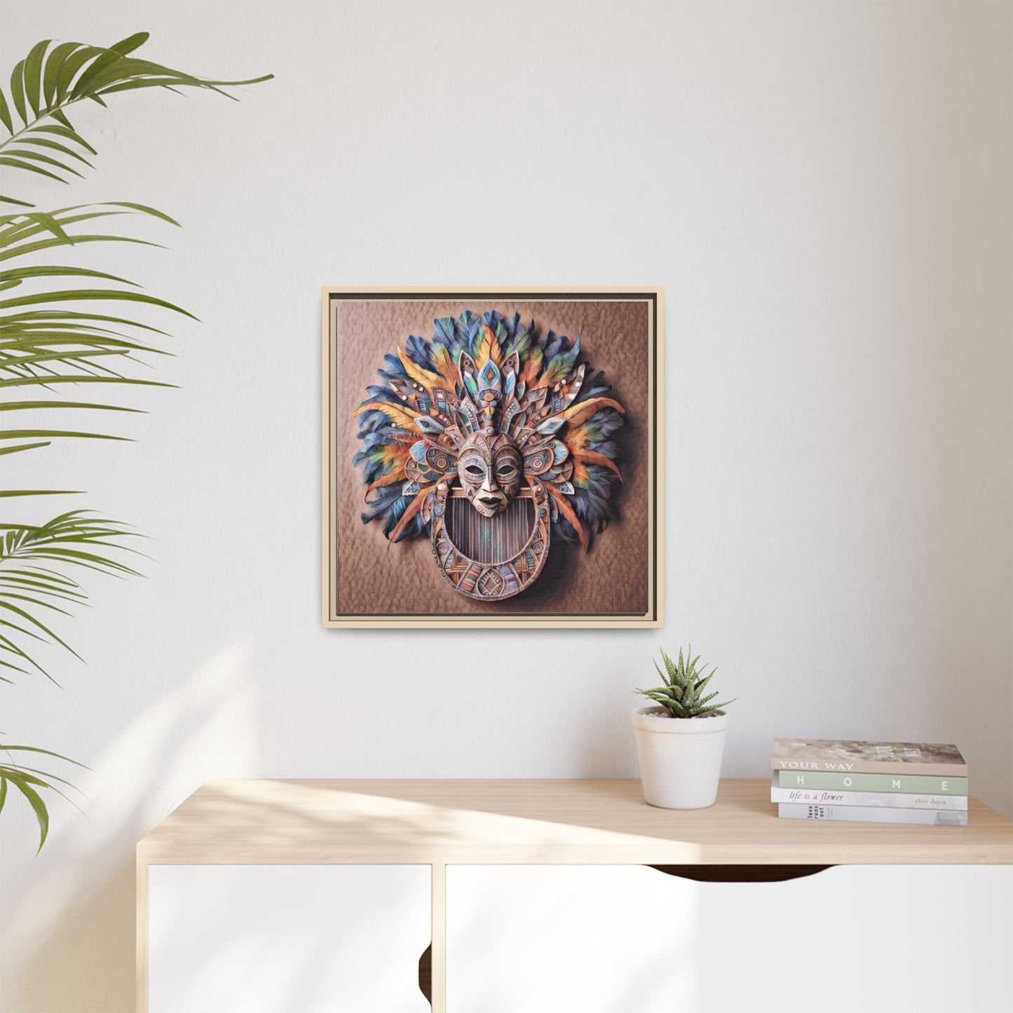 Tribal Feather Mask Framed Canvas Wall Art — Colorful Boho Decorative Print